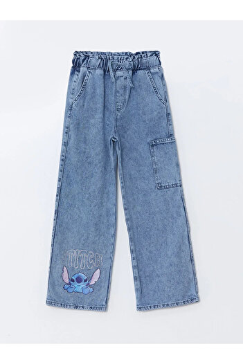 LC Waikiki Lcw Kids Blue Elastic Waist Stitch Stone Printed Girls' Jean Pants