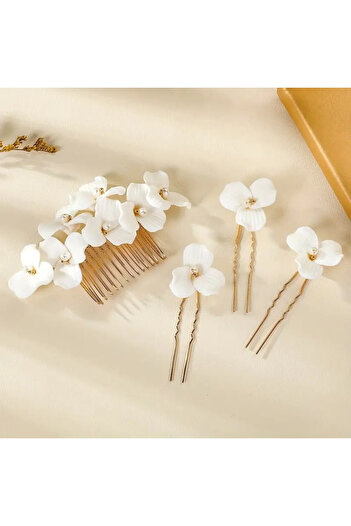 Eva Flore White Ceramic Flower Comb Barrette and 3 Bun Barrettes, Hair Accessory for Brides