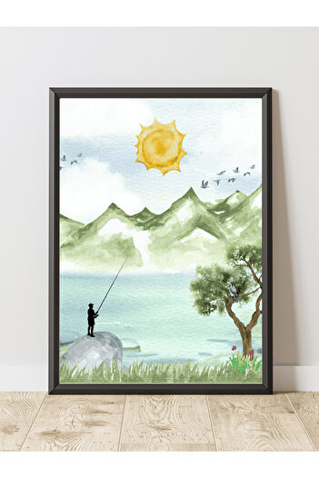 JESSE STORY Landscape and Fishing Man Watercolor Design Decorative Frameless Wall Painting (Poster)