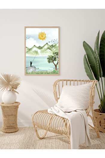 JESSE STORY Landscape and Fishing Man Watercolor Design Decorative Frameless Wall Painting (Poster)