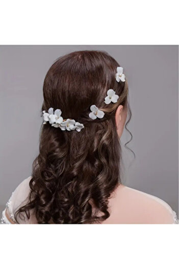 Eva Flore White Ceramic Flower Comb Barrette and 3 Bun Barrettes, Hair Accessory for Brides