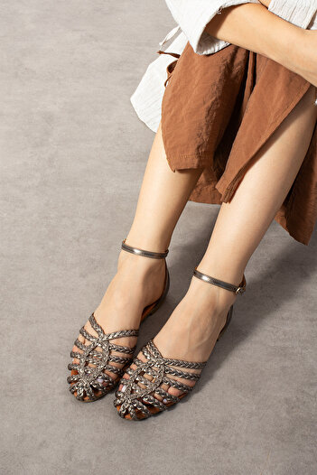 CUCA Genuine Leather Knitted Detail Ankle Strap Elastic Daily Women's Sandals