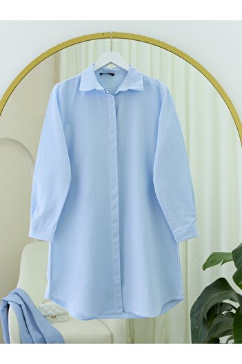 Modamorfo Oval Cut Long Shirt with Hidden Buttons - Baby Blue