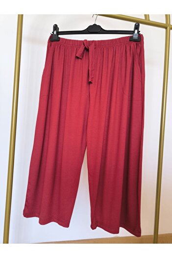FRESCO SCARFS Cotton Viscose Thin Summer Pocket Combed Cotton Capri Pajama Pants Burgundy