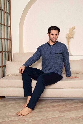 Tarık Men's Combed Cotton Half Button Navy Blue Flatolu Crushed Long Sleeve Pajama Set