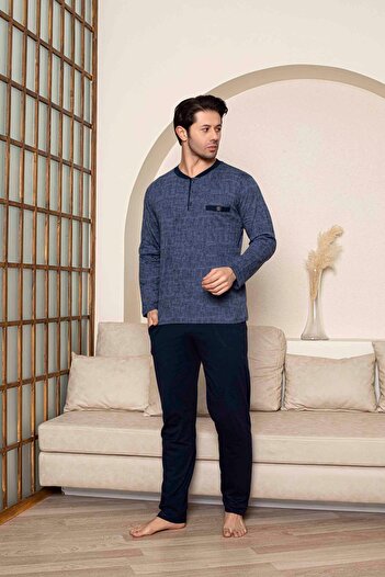 Tarık Men's Combed Cotton Half Button Navy Blue Flatolu Crushed Long Sleeve Pajama Set