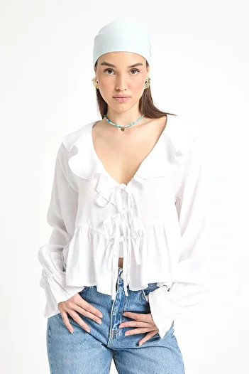 minaaise White 100% Modal Ruffle Detailed Front Tie Blouse 29255