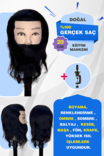 KONAK PERUK 100% Real Hair Hairdresser Training Mannequin + Table Apparatus / Male Natural Bearded / 20 cm