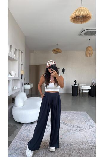 Buket Teke Navy Blue Production Pleated Wide Leg Tracksuit