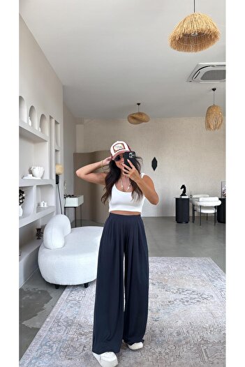 Buket Teke Navy Blue Production Pleated Wide Leg Tracksuit