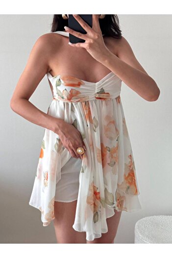LOCH BUTİK Women's White Strapless Wrap Shorts Mini Dress