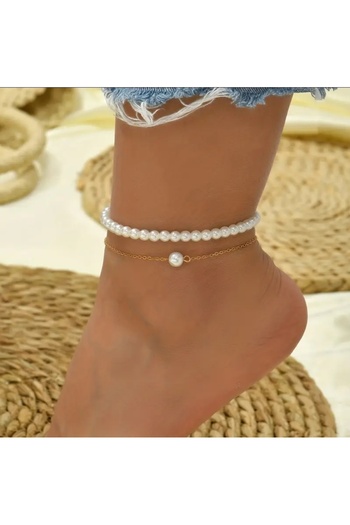 TUHAM AKSESUAR 2-Piece Pearl and Gold Chain ​​Detail Design Anklet
