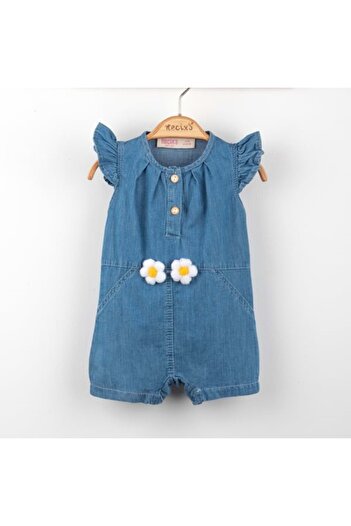 NECİXS BEBEE Flower Embroidered Girl's Short Jeans Jumpsuit Dark Blue