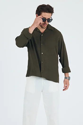 Trn JNS Berlin Khaki Summer Aerobin Linen Textured Comfortable Fit Oversize Men's Shirt