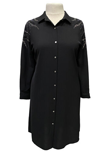 Giyinen Mağazaları Black Hüma Shirt Collar Stylish Stone Embroidered Front Buttoned Crepe Tunic