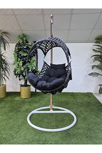 ayamalbaraka Hanging Wicker Swing Chair with Stand – Black – 115x87x60 cm