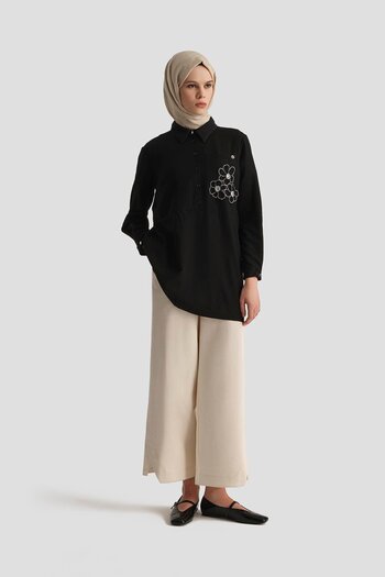 Armine TREND Armi̇ne Trend Shirt Collar Floral Patterned Tunic-Black 25Yt4150