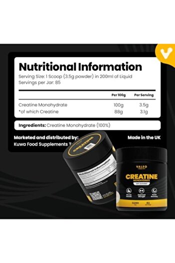 VALEO Creatine Monohydrate Powder – 300g, 85 Servings