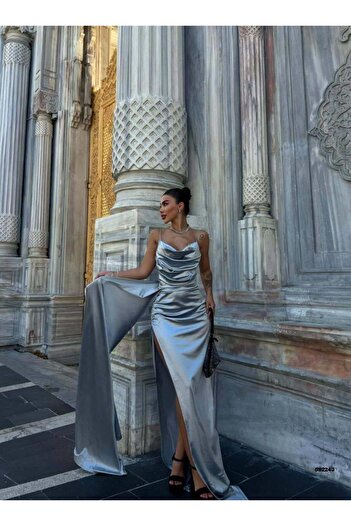 Modafeminen Thin Strap Chest Draped Satin Dress Gray 582243