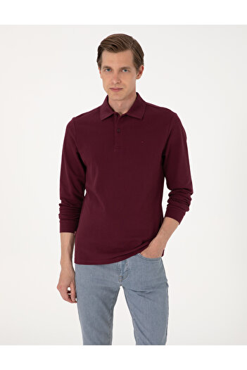 Pierre Cardin Burgundy Slim Fit Non-Curling Polo Collar Basic Pique Sweatshirt 50314048-Vr014