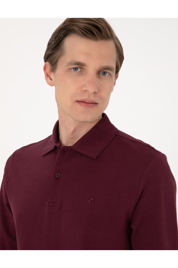 Pierre Cardin Burgundy Slim Fit Non-Curling Polo Collar Basic Pique Sweatshirt 50314048-Vr014