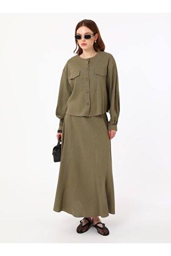 Benin Linen Blended Pocket Cover Shirt & Skirt Double Set - Khaki -