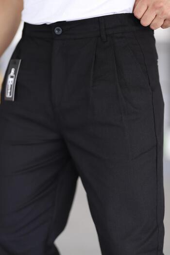 Bürke Çift Pileli Siyah Renk Beli Yarım Lastikli Kaliteli Rahat Kesim Keten Baggy Pantolon