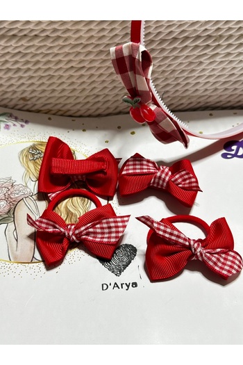 Darya Dd450 Red White Plaid Cherry Crown Bow Ribbon Set (5 Pieces)