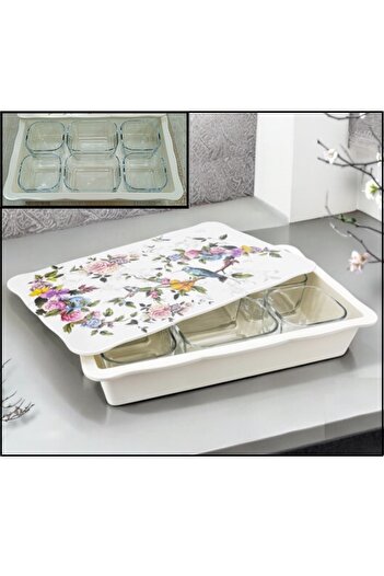 Pinkev Flora Melamine 6-Piece Glass Breakfast Set with Lid and Tray