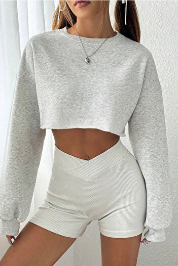 Tarz Cool Kadın Gri Oversize Crop Bisiklet Yaka Şardonlu Sweatshirt