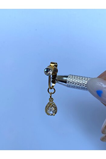 kurukafagift Çelik Göbek Piercing Deliksiz Kullanım Sıkıştırmalı Taşlı Damla Model