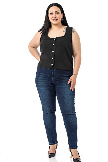DISENTIS MODEST Plus Size Button Detailed Black Blouse Vest