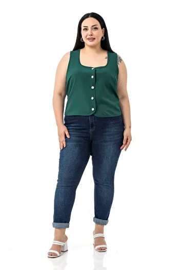 DISENTIS MODEST Plus Size Button Detailed Emerald Green Blouse Vest