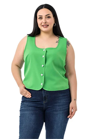 DISENTIS MODEST Large Size Button Detailed Pistachio Green Blouse Vest