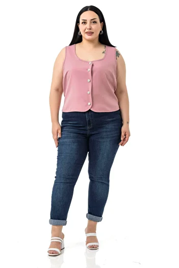 DISENTIS MODEST Plus Size Button Detailed Powder Blouse Vest