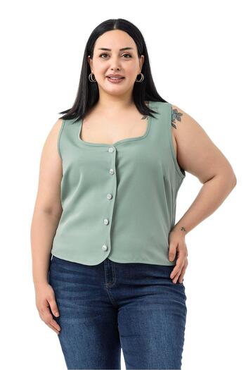 DISENTIS MODEST Large Size Button Detailed Green Blouse Vest