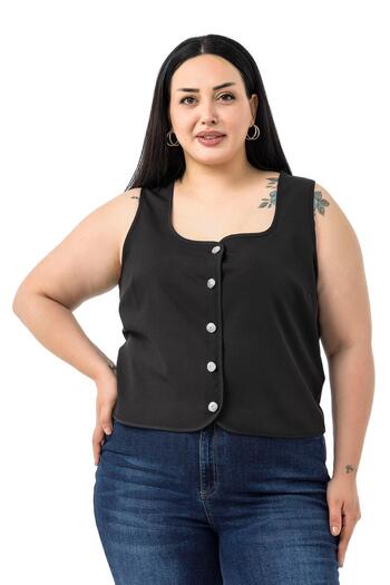 DISENTIS MODEST Plus Size Button Detailed Black Blouse Vest