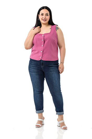 DISENTIS MODEST Plus Size Button Detailed Pink Blouse Vest