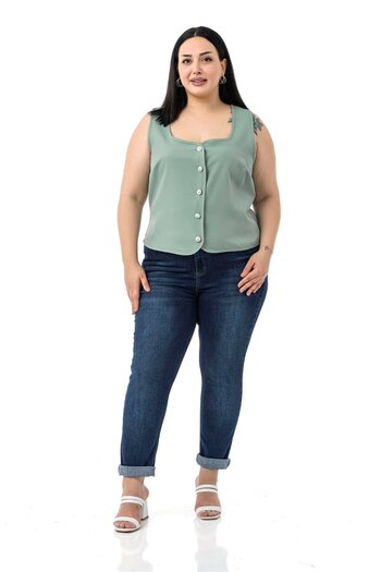 DISENTIS MODEST Large Size Button Detailed Green Blouse Vest
