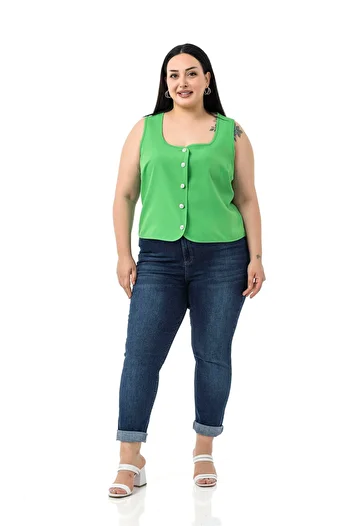 DISENTIS MODEST Large Size Button Detailed Pistachio Green Blouse Vest