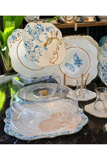 Onedekor 34 Piece Blue Gold Gilded Cake Tea Serving Set for 6 People