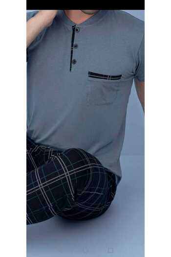 Manolya Men's Combed Cotton Half Button Short Sleeve Pocket Plaid Pattern Pajama Set