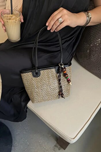 LEONAS Straw Women's Hand and Shoulder Bag Patter Black with Charm Accessories