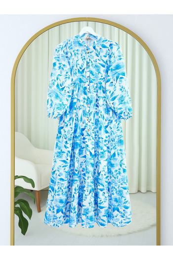 Modamorfo Small Leaf Pattern Half Button Sleeve Elastic Dress -Blue