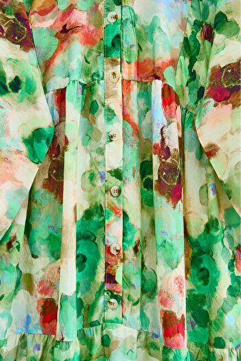Modamorfo Mixed Pattern Half Button Sleeve Elastic Dress -Green