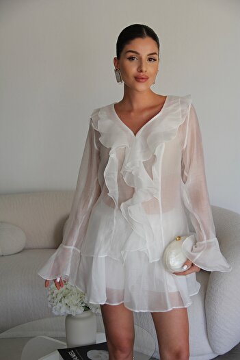 Julidress V-Neck Ruffle Shirt and Lined Shorts Skirt Bottom Top Premium Set