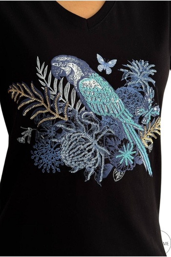 Cassime Women's Black V-Neck Parrot Sequin Sequin Embroidered 100% Cotton T-Shirt Plus Size Xl-2Xl-3Xl