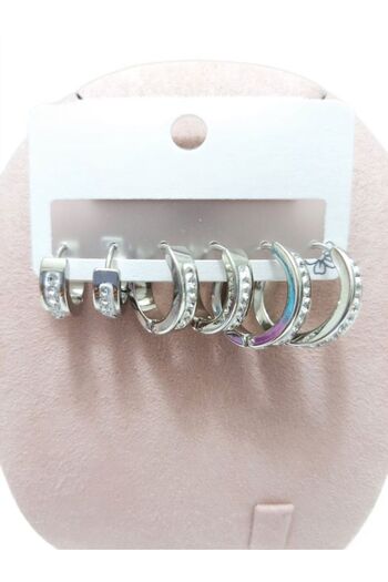 Tasarım Steel Earrings 3-Piece Zircon Stone Cornered Hoop Model Earrings 2 mm Thickness Silver Silver