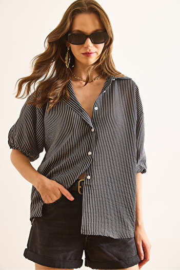 Olalook Women's Black Balloon Sleeve Striped Draped Shirt Gml-19001381