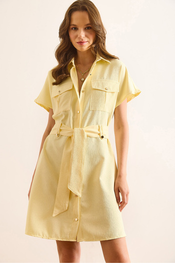 Olalook Women's Yellow Marta Belted Pocket Mini Woven Shirt Dress Elb-19002503
